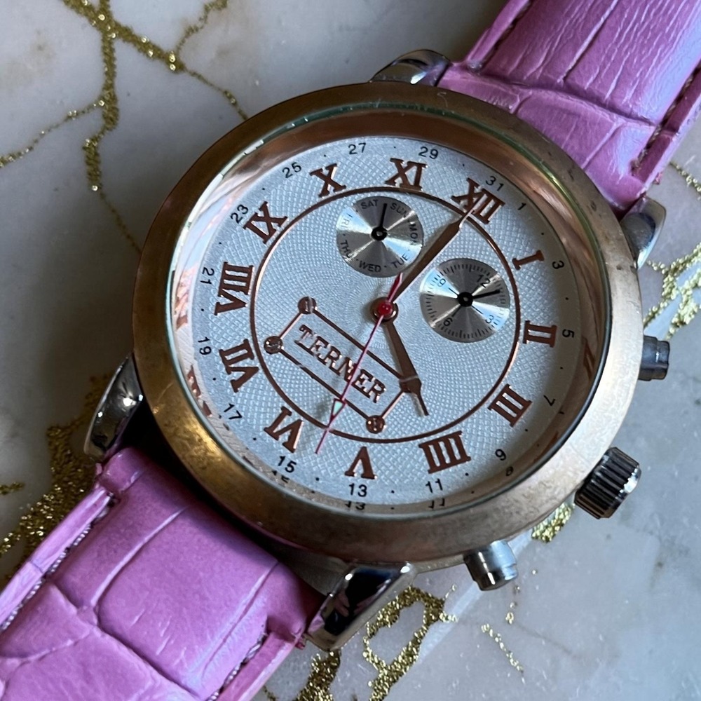 Bijoux Terner Watch K-10680 Womens Roman Antique Gold Tone Day Date Pink Leather